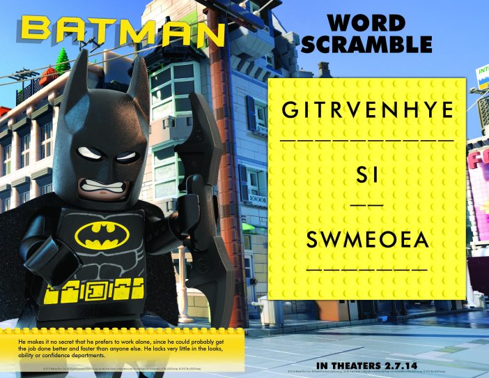 Lego movie printable Batman word scramble activity sheet