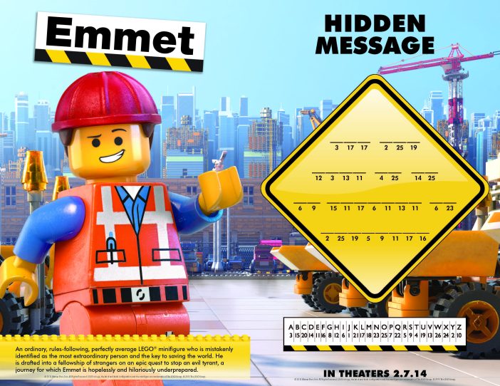 Lego movie printables Emmet Hidden message activity sheet
