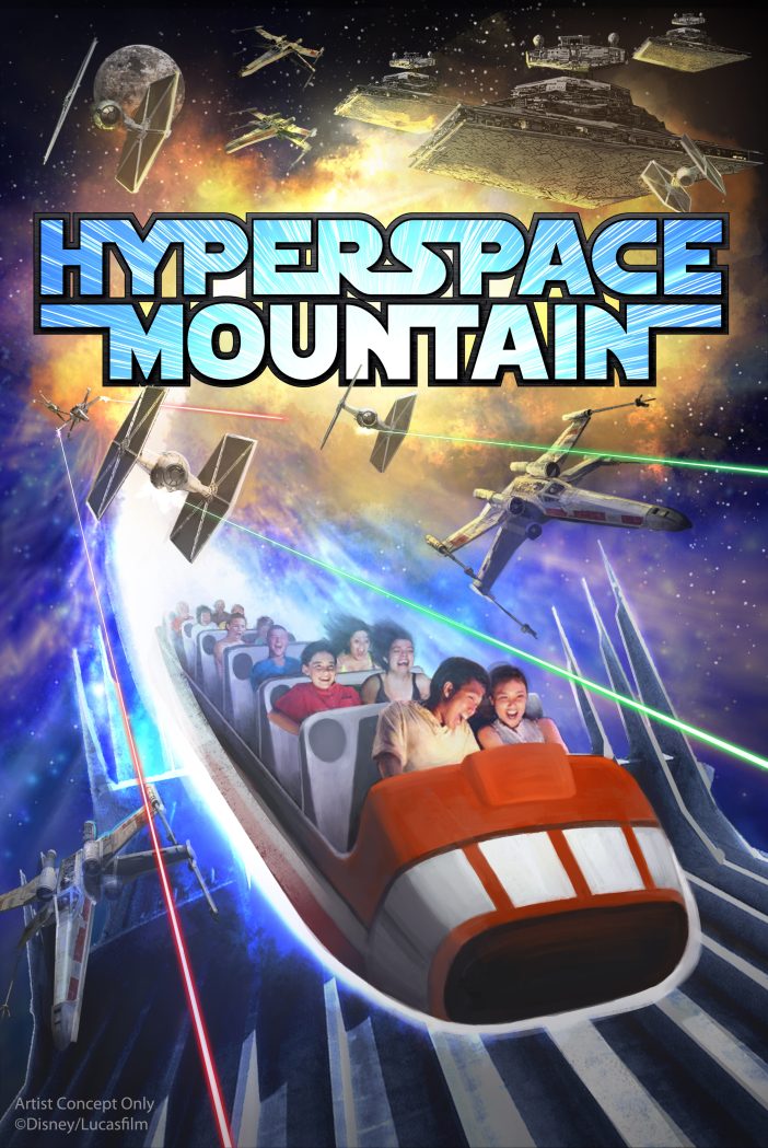 HYPERSPACE MOUNTAIN -- In Tomorrowland at Disneyland park, guests will explore the Star Wars galaxy with special entertainment throughout the land, themed food locations and more. Guests also will be thrilled to climb aboard Hyperspace Mountain, a reimagining of the classic Space Mountain attraction, in which guests will join an X-wing Starfighter battle. At Disney's Hollywood Studios, guests will close out weekend nights with a new fireworks spectacular set to the iconic score of the Star Wars movies. (Disney Parks)
