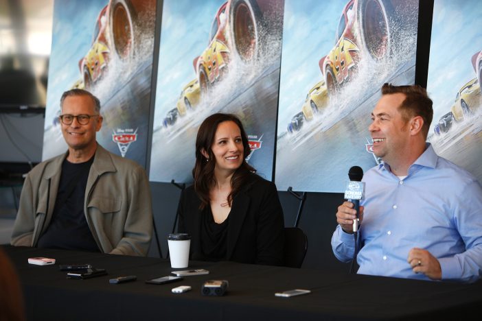 The "Cars 3" Long Lead Press Days, held at Sonoma Raceway, including presentations by filmmakers, a press conference with (left to right) Producer Kevin Reher, Co-Producer Andrea Warren and Director Brian Fee, and raceway activities, held on March 28, 2017 in Sonoma, Calif. (Photo by Deborah Coleman / Pixar)