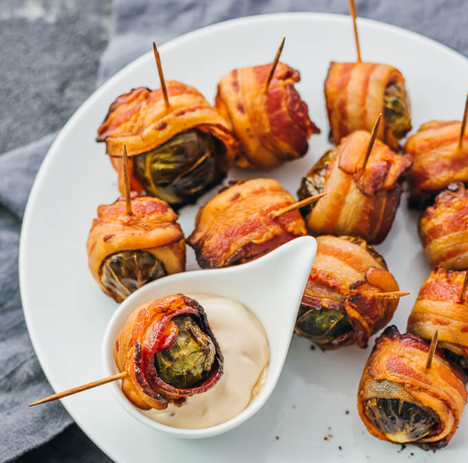 Bacon Wrapped Brussels Sprouts with Balsamic Mayo Dip