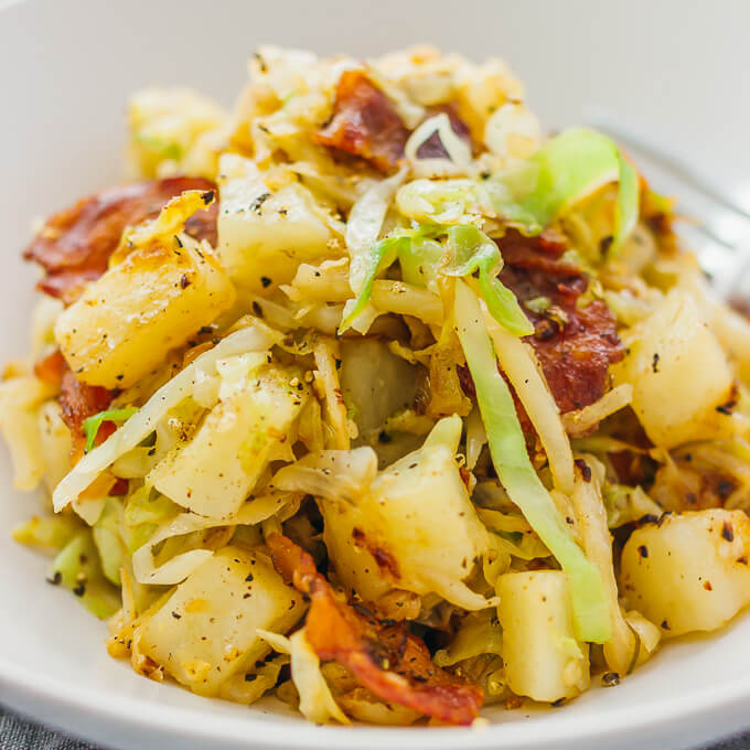 Fried cabbage and potatoes with bacon