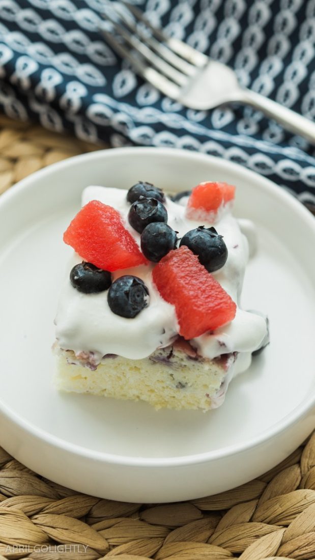 Watermelon and Blueberry Poke Cake Recipe.