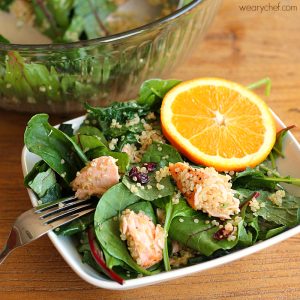 Kale and Quinoa Salad with Salmon (or chicken!) and Orange Vinaigrette