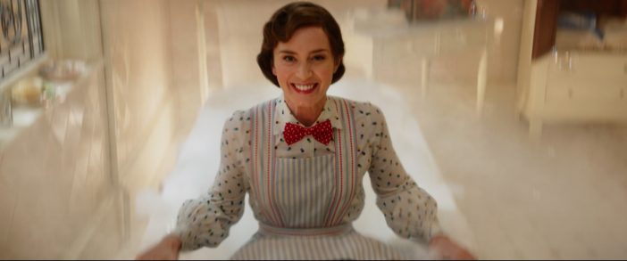 Emily BLunt as Mary Poppins in Bathtub polka dot shirt