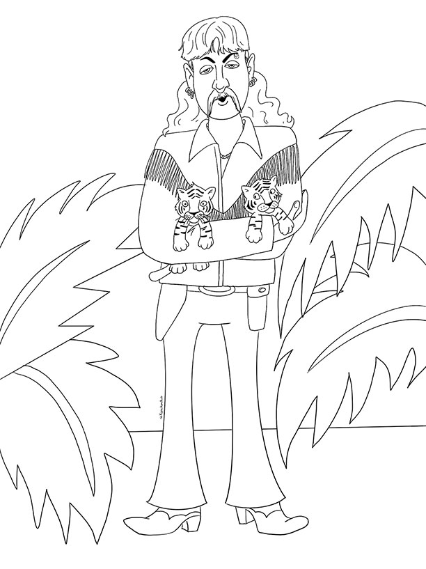 Tiger King Joe Exotic with baby tigers coloring page