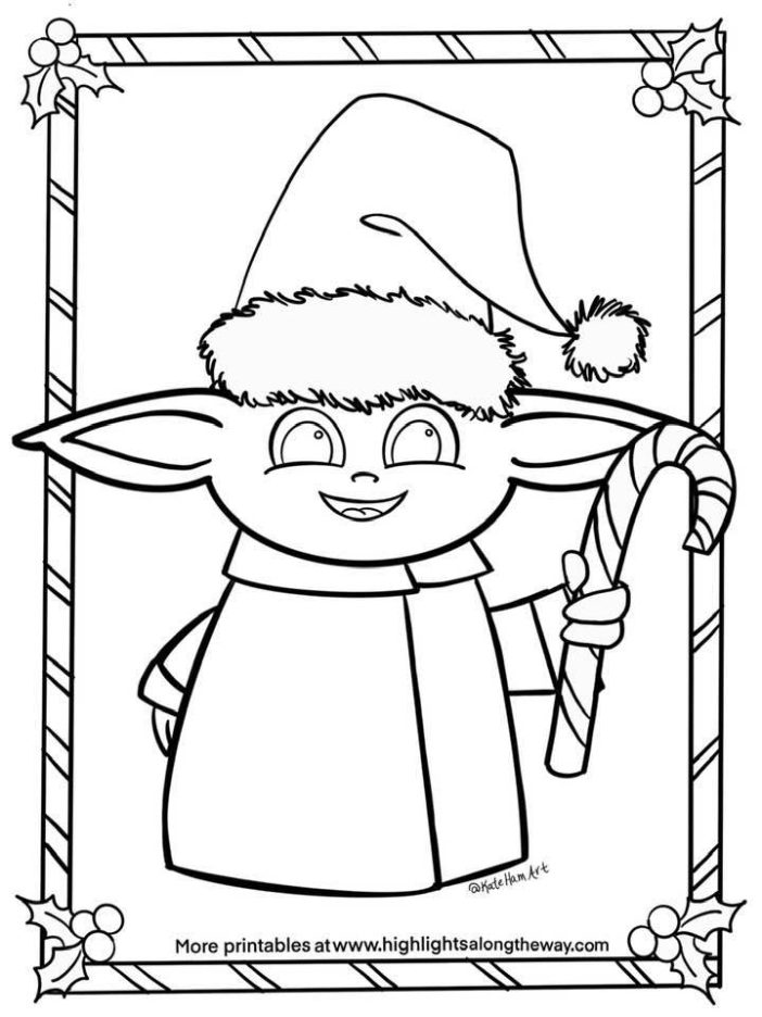 baby yoda coloring page with santa hat. Christmas activity sheet