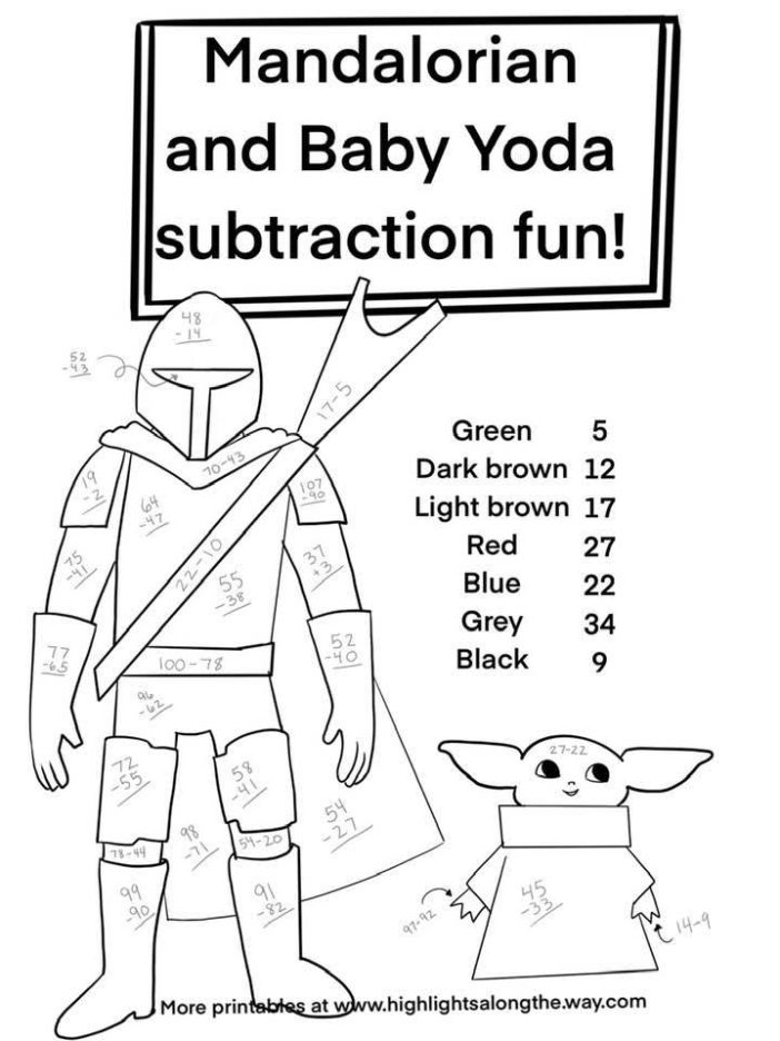 Baby Yoda Subtraction Color By Number printable Activity Sheet