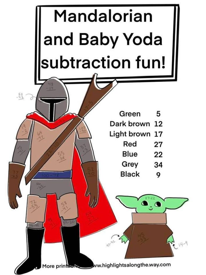 color by number baby yoda and mandalorian subtraction facts practice printable