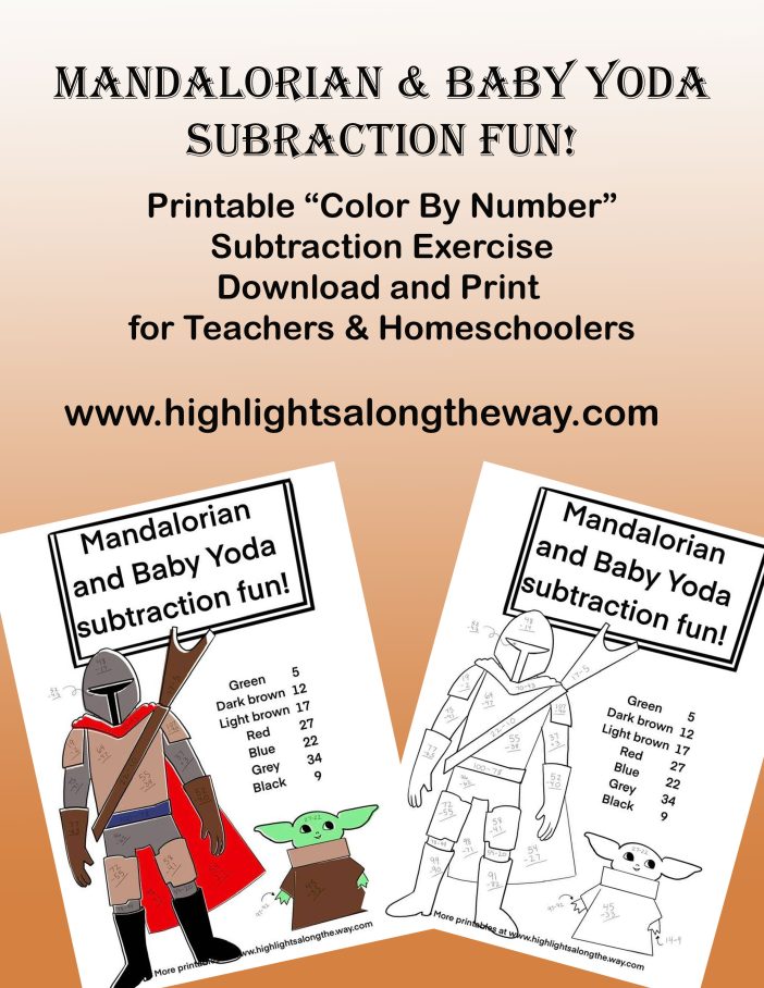 subtraction color by number activity sheet with the mandalorian and baby yoda