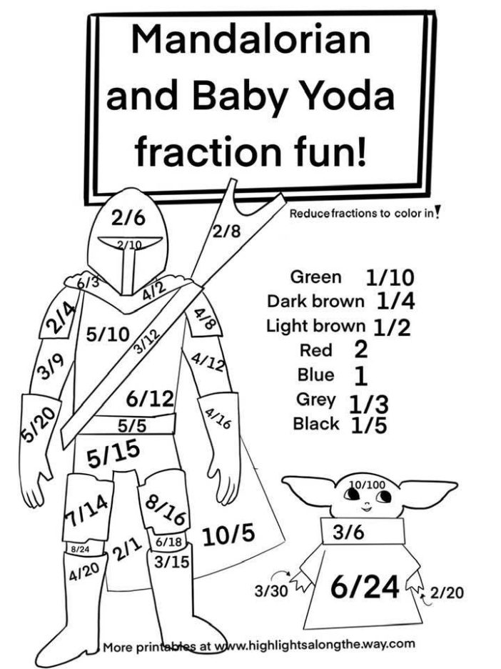 reducing fraction color by number sheet with baby yoda and the mandalorian