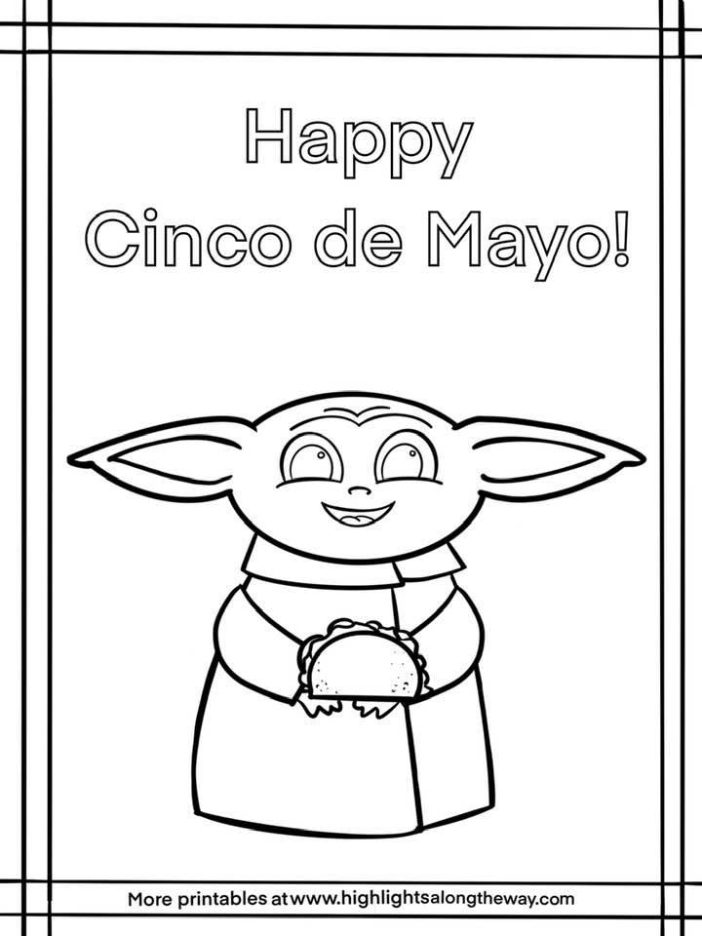 Baby Yoda Cinco De Mayo Coloring Sheet free printable Grogu holidng a taco