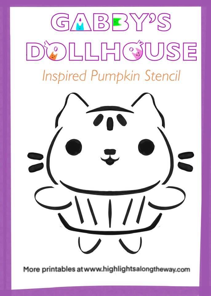 free printable Gabby's Dollhouse inspired pumpkin stencil cupcake cat jack o lantern halloween