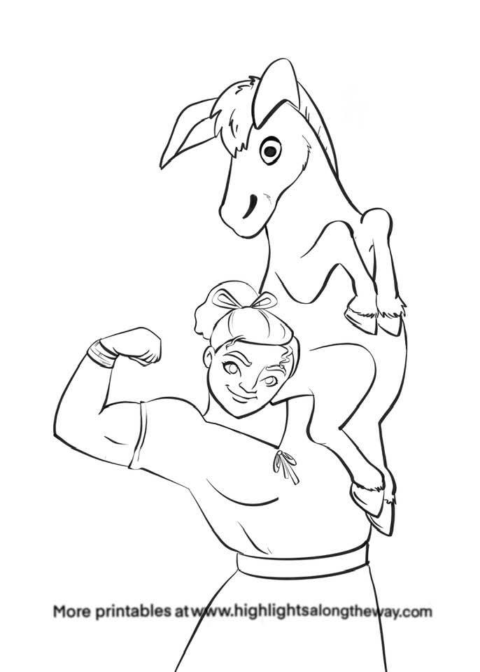 Luisa flexing and holding a donkey coloring page free printable activity sheet