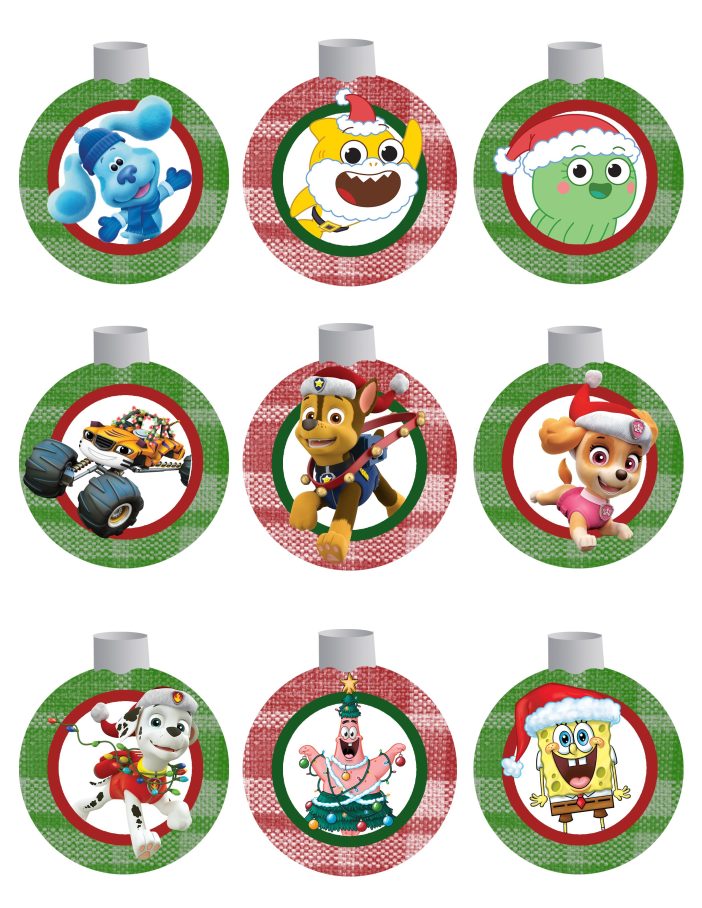 free printable ornaments featurng baby shark blues clues paw patrol and sponge bob
