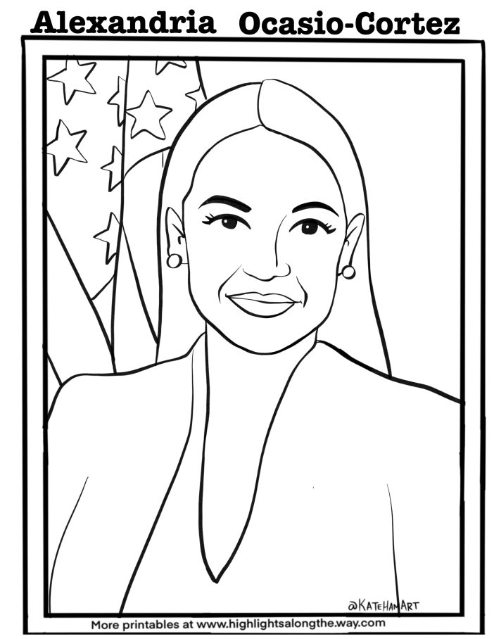 alexandria ocasio cortez coloring page AOC printable activity sheet womans history month