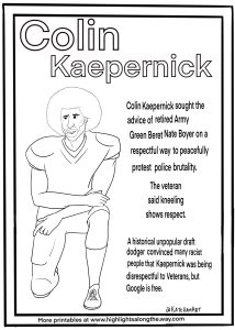 Colin Kaepernick coloring activity sheet for educational curriculum. Facts about Kneeling for the national anthem to protest police brutality