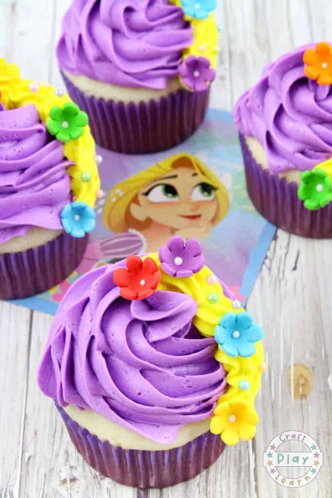 Rapunzel cupcakes braid and flowers disney birthday party