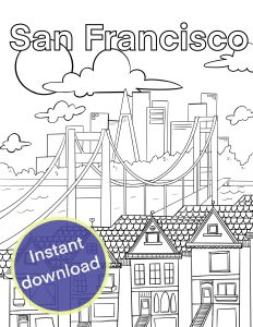 San Francisco Coloring page with Golden Gate Bridge houses and skyline high resolution