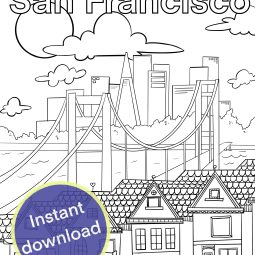 San Francisco Coloring page with Golden Gate Bridge houses and skyline high resolution