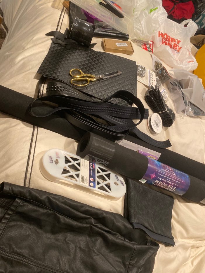 Materials for a hand-sewn Edward Scissorhands costume