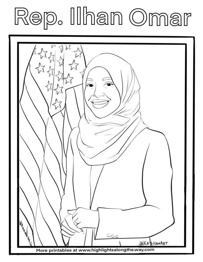 Rep Ilhan Omar printable coloring page for black history and women's history month. Free instant download for teachers