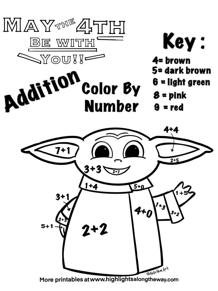 Color by number free addition coloring page elementary baby yoda may the 4th