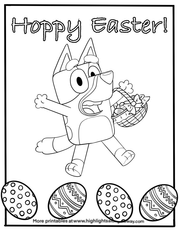 bluey easter coloring page with easter basket and easter eggs. Instant download free printable