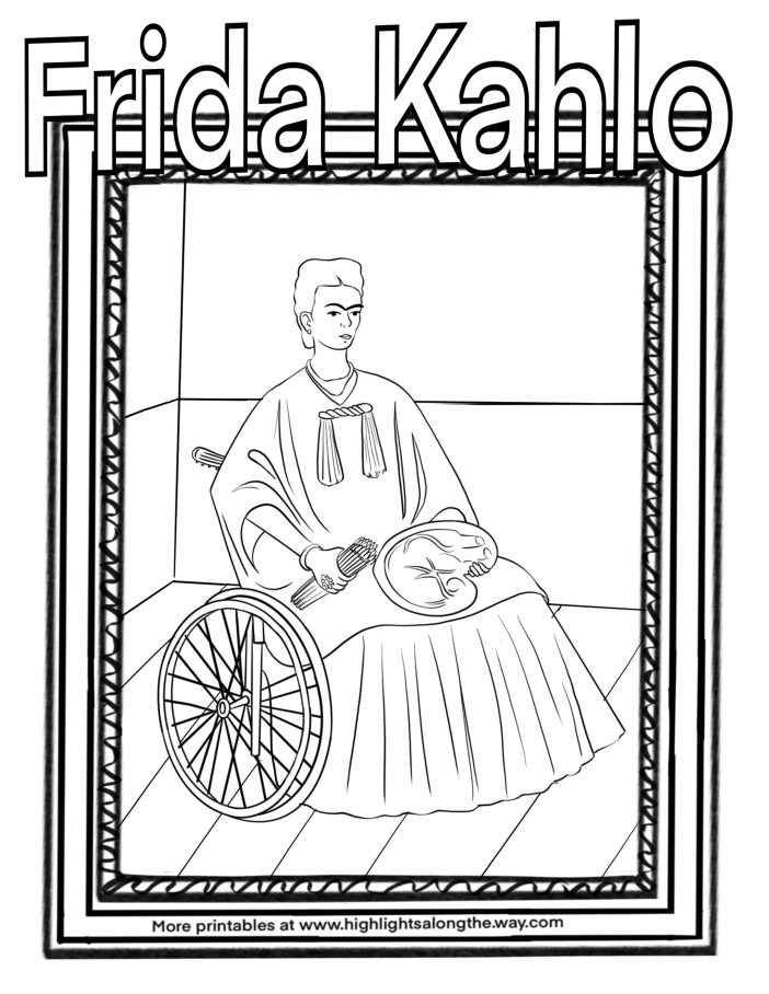 Frida Kahlo Coloring Page instant download - Mexican American Heritage women's history month art history coloring page instant download