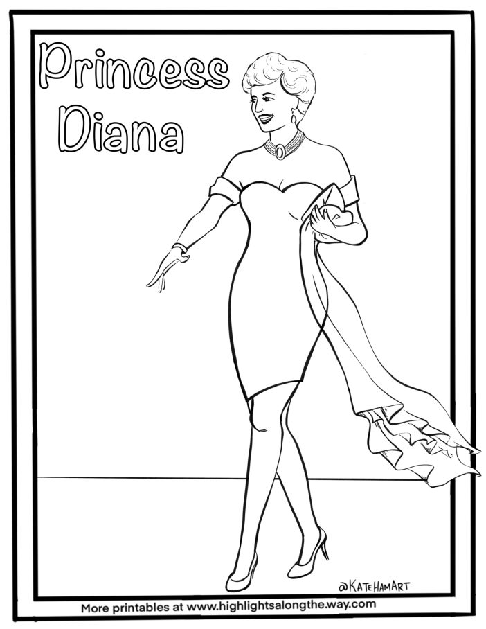 Princess Diana free coloring page wearing revenge dress royal family 