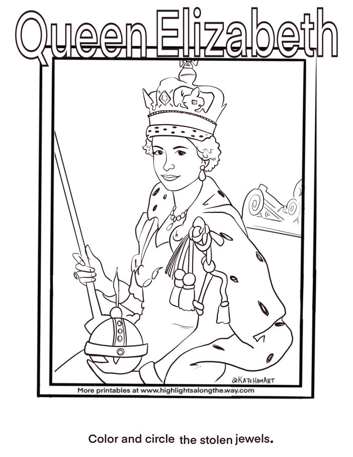 Queen Elizabeth free printable coloring activity page. Seek and find activity sheet for British school children