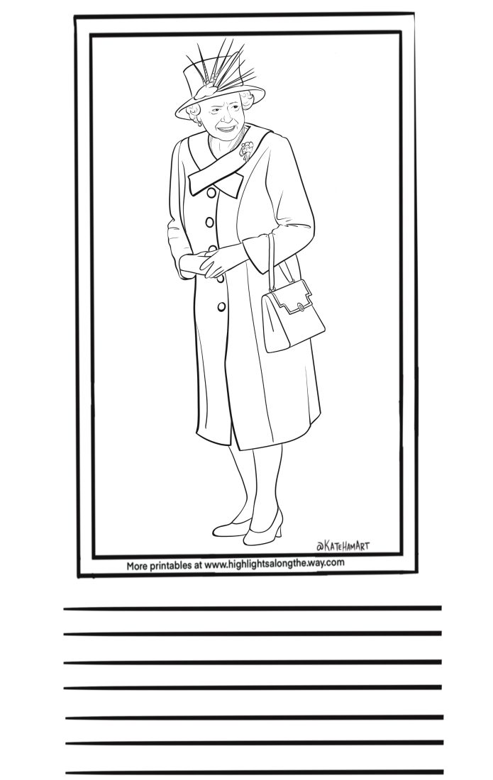 Queen lilibet of England in cute hat coloring page
