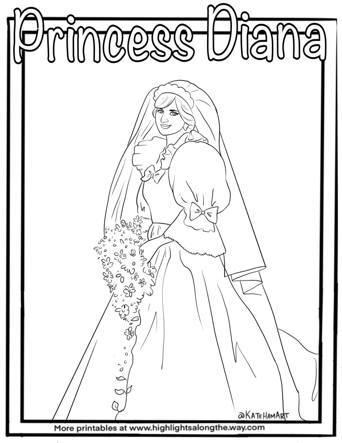 Princess Diana Wedding Dress coloring page instant download activity sheet queen diana