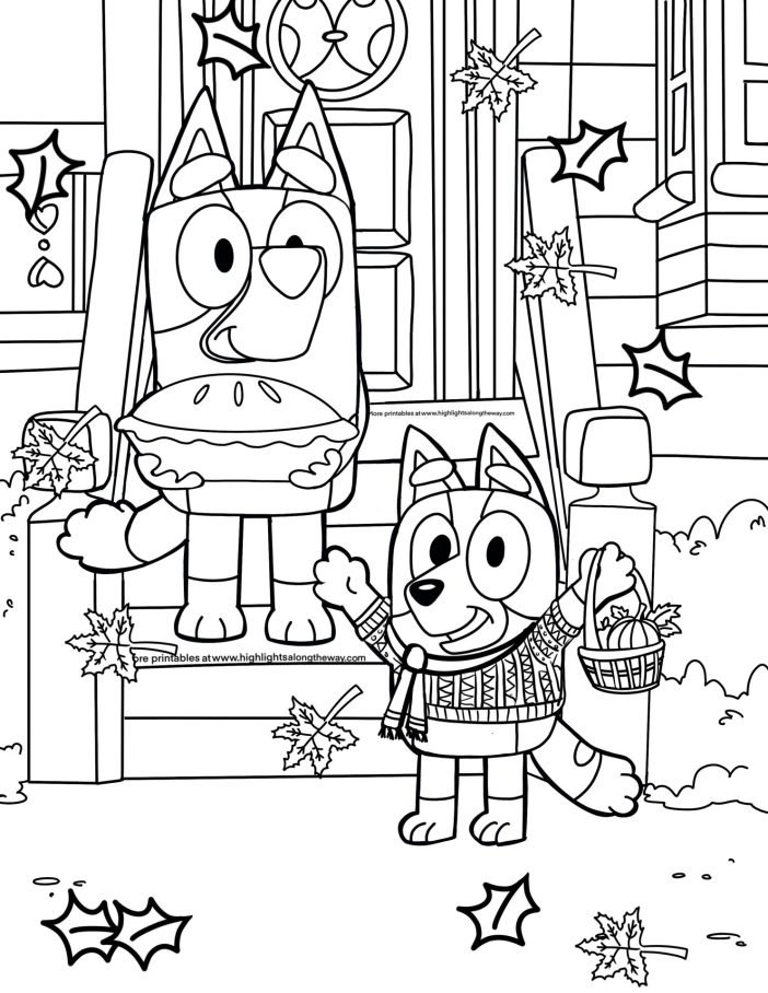 Fall themed Bluey coloring page 