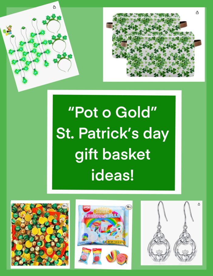 St. Patricks Day gift basket ideas. Pot o Gold baskets for March