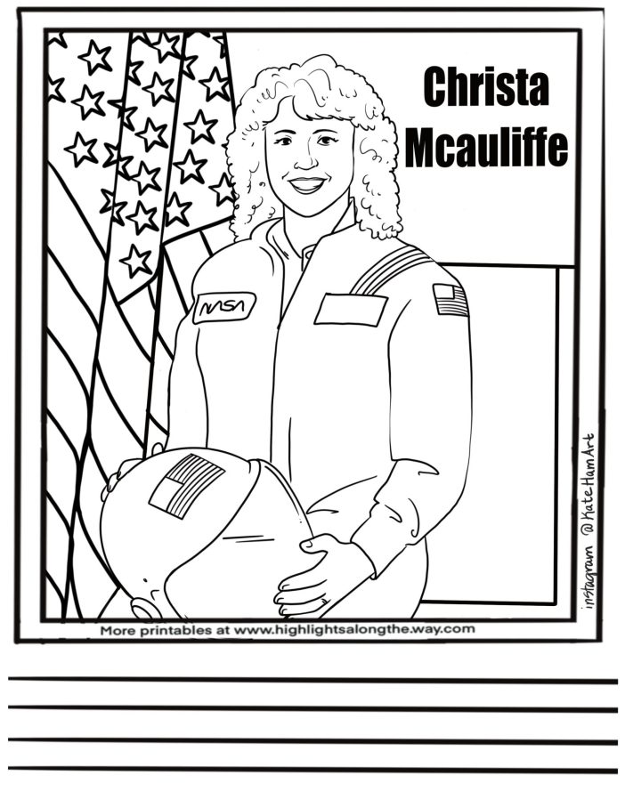 Instant download free coloring page of Astronaut and teaccher Christa Mcauliffe