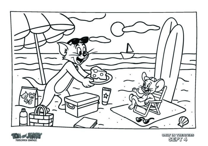 TOm an Jerry at the beach coloring page